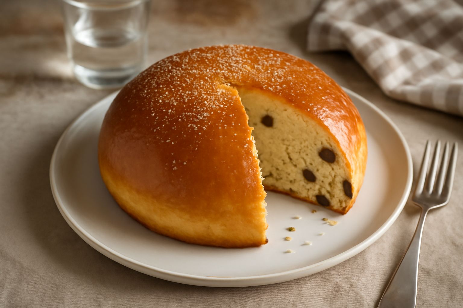 Un pandolce sardo intero appena sfornato, superficie dorata e lucida, tagliato a fette che mostrano la mollica setosa punteggiata di frutta secca e arancia candita, riposto su un vassoio bianco