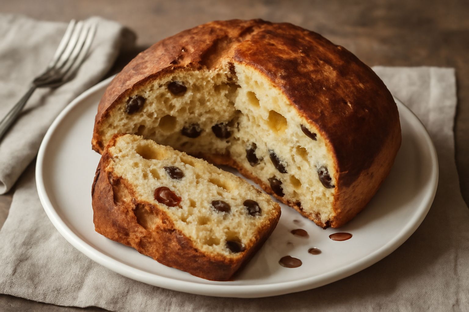 Pandolce veneto affettato su tavola di legno, con crosta dorata, mollica gialla con frutta candita visibile, uvetta e pinoli sparsi attorno