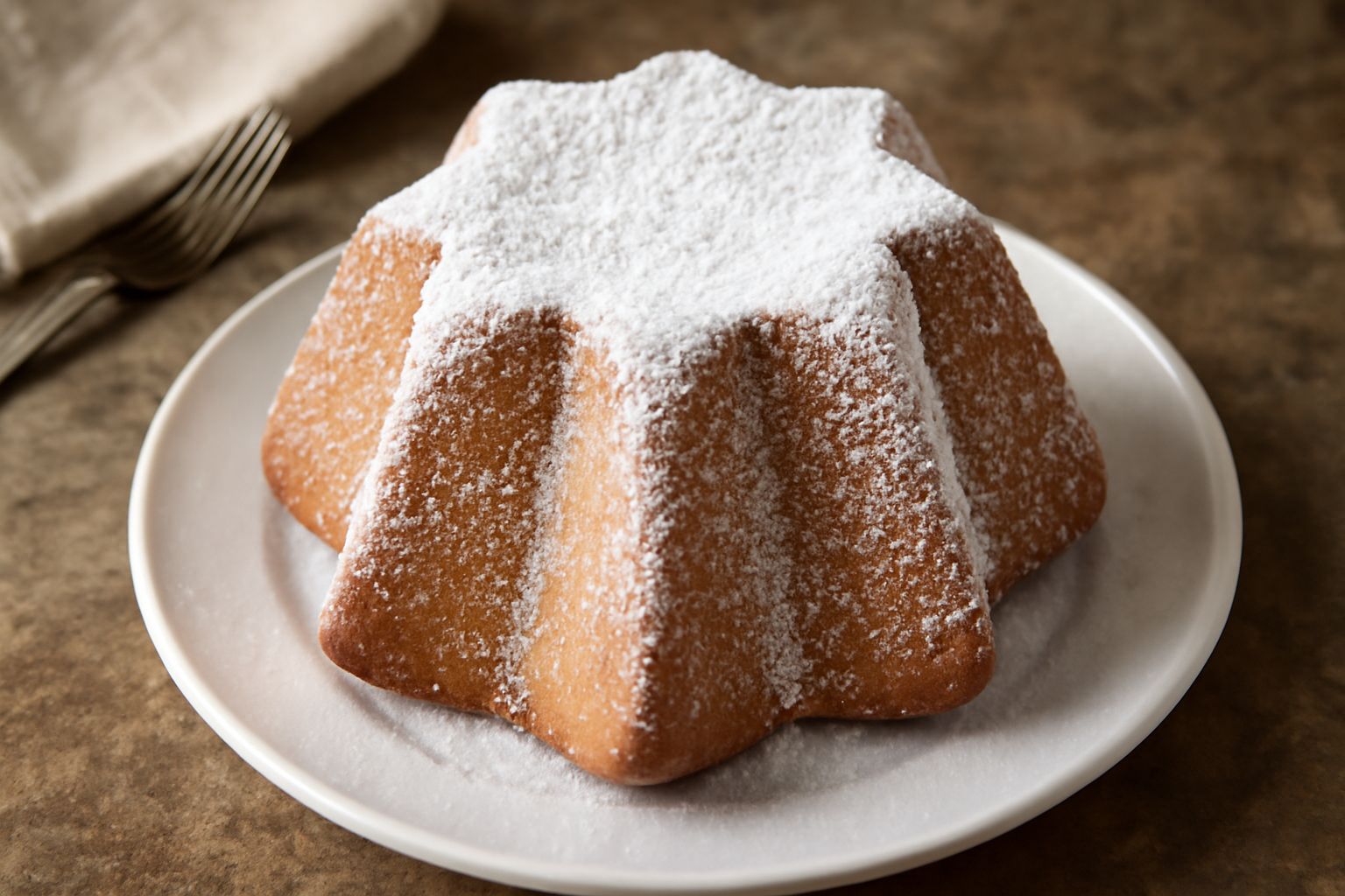 Pandoro appena sfornato, di forma stellata, ricoperto di zucchero a velo bianco, tagliato a fette che mostrano la mollica gialla e soffice, servito su un piatto bianco