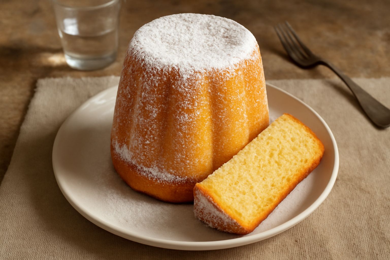 Pandoro avellinese tagliato a fette, di colore giallo dorato, ricoperto di zucchero a velo bianco, con profumazione di arancia visibile nei dettagli dell'impasto leggero e alveolato