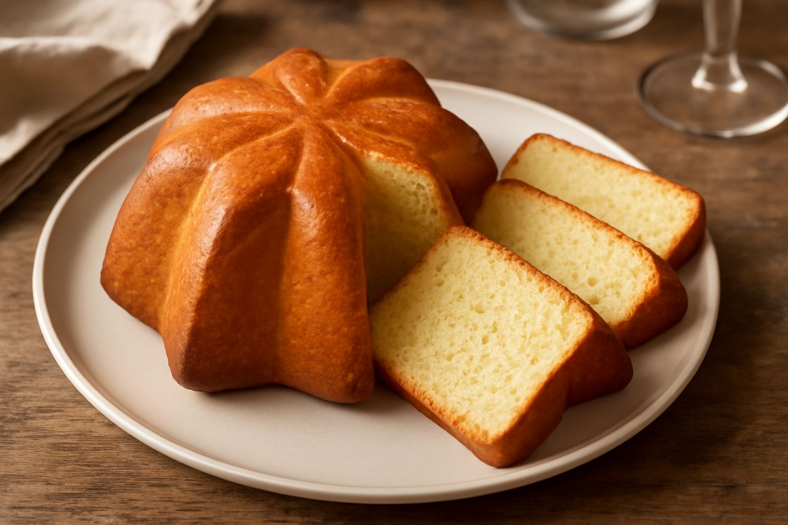 Pandoro calabrese a forma di stella dorato, affettato, con interno morbido e alveolatura uniforme, spolverato di zucchero a velo, servito su piatto bianco con fondo neutro
