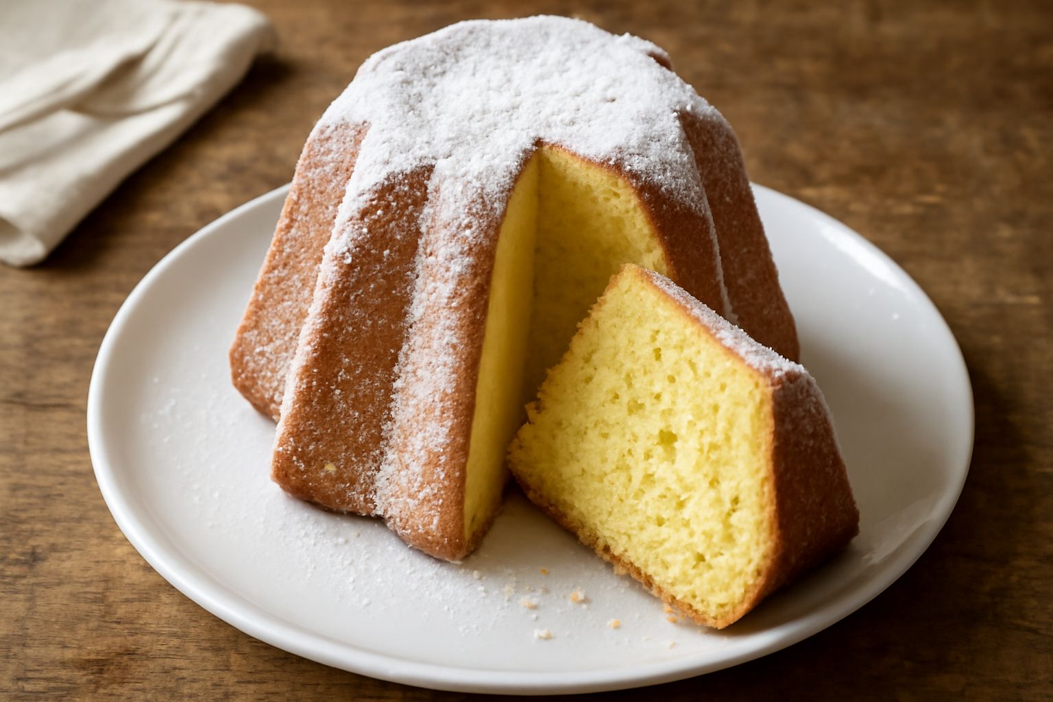 Pandoro di Verona a forma di stella, dorato e spolverato di zucchero a velo, tagliato per mostrare l'interno soffice e poroso con sfumature gialle dovute al burro