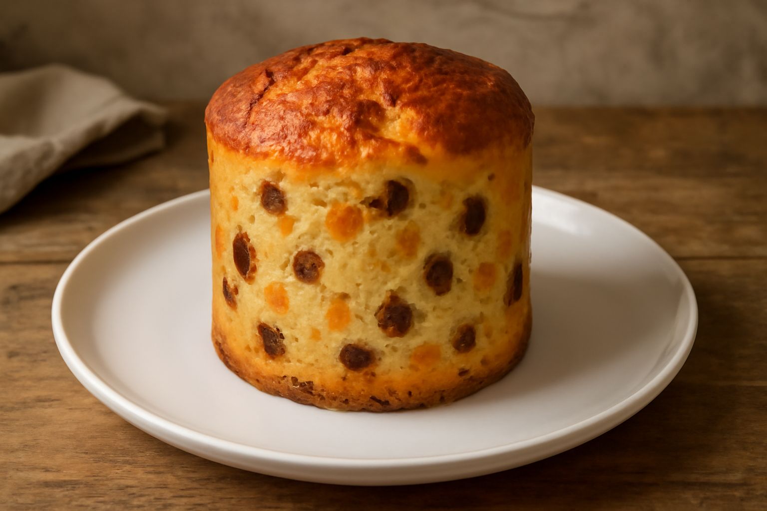 Pandoro piacentino affettato su un piatto bianco, miga gialla e soffice con strisce visibili di uvetta e canditi, spolverato leggermente di zucchero a velo, circondato da noci e un bicchiere di latte 