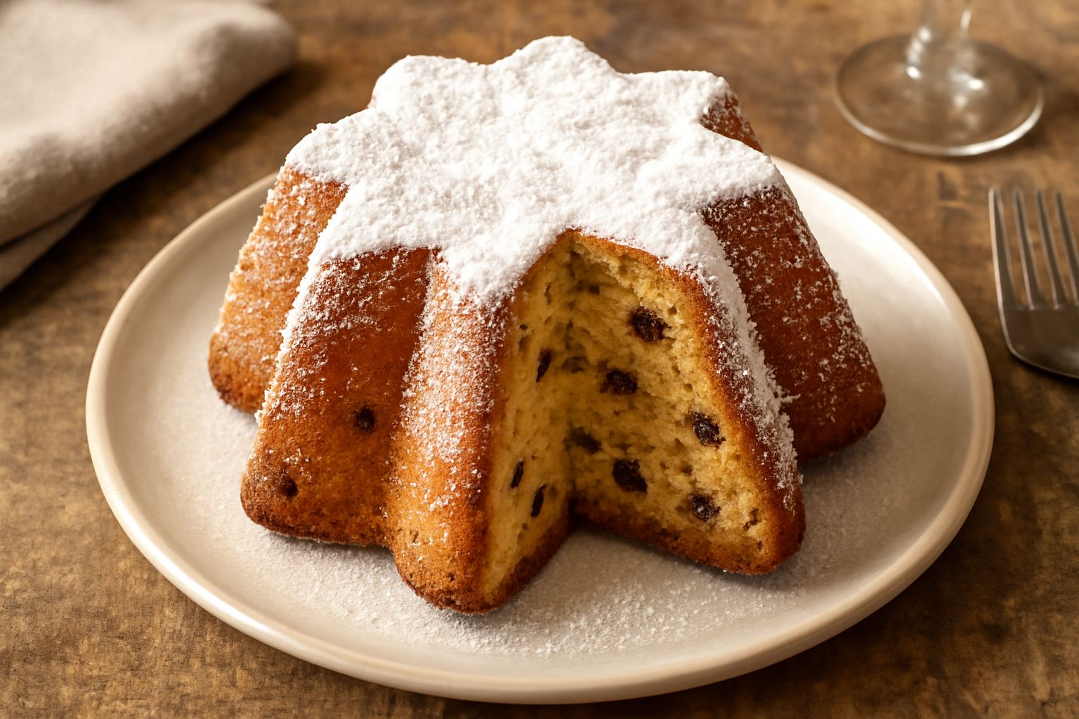 Pandoro Rodigino intero su piatto bianco, dorato intenso, innevato di zucchero a velo, sezione visibile che mostra mollica gialla chiara e pieni di uvetta scuri, forma classica a stella otto punte
