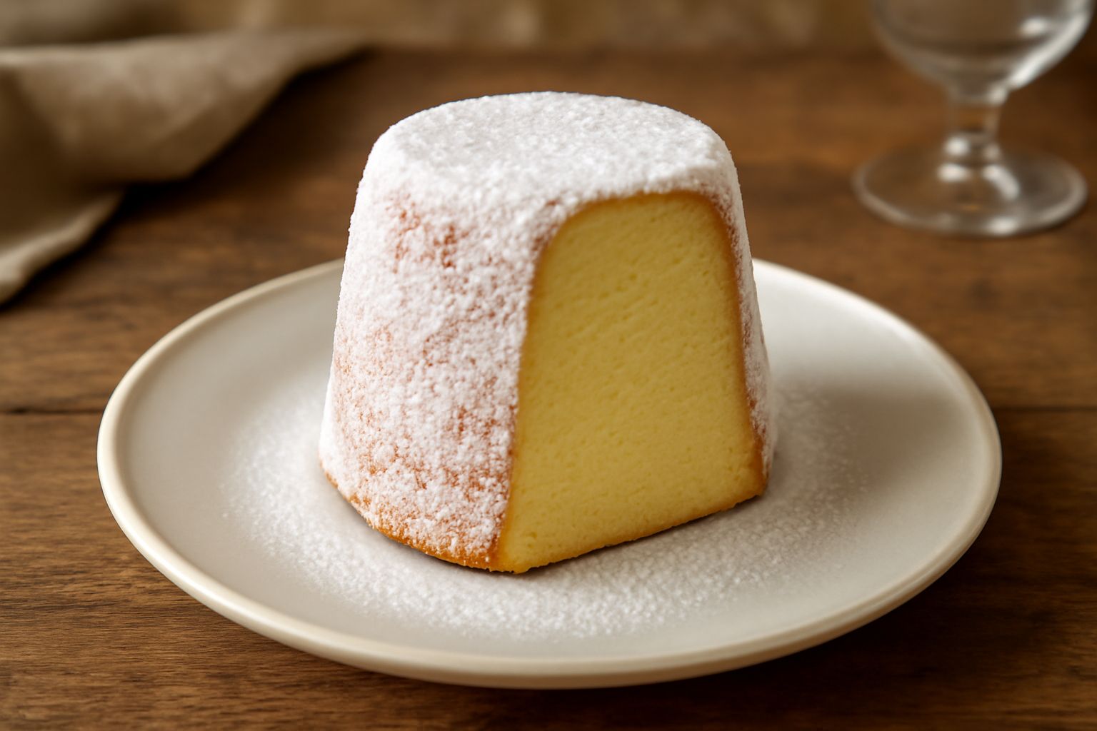 Pandoro romano intero di forma cilindrica con superficie dorata e liscia, innevato di zucchero a velo bianco, tagliato a metà per mostrare l'interno soffice e giallo paglierino, su piatto bianco con c