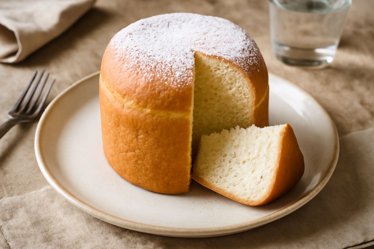 Pandoro triestino tagliato affettato su un piatto bianco, interno bianco panna pieghe regolari di lievitazione, crosta dorata sottile, alcuni spicchi ricoperti di zucchero a velo