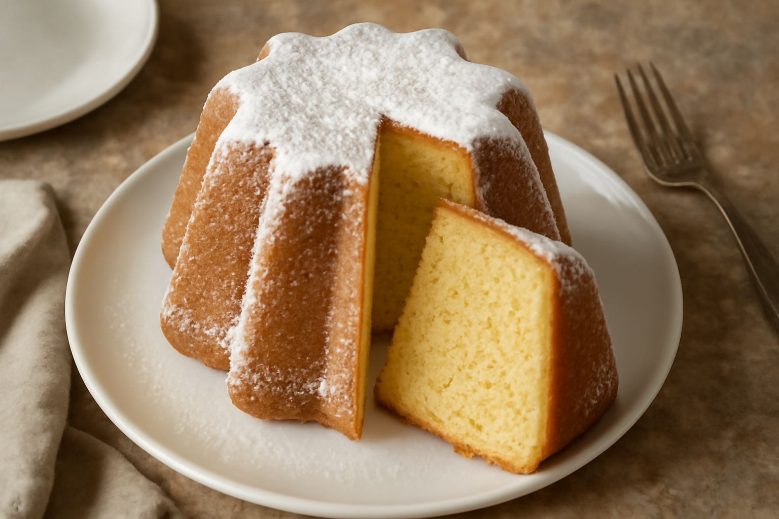 Pandoro intero a forma di stella a otto punte, colore dorato paglierino, innevato di zucchero a velo, affettato su un piatto bianco con mollica visibilmente soffice e alveolata