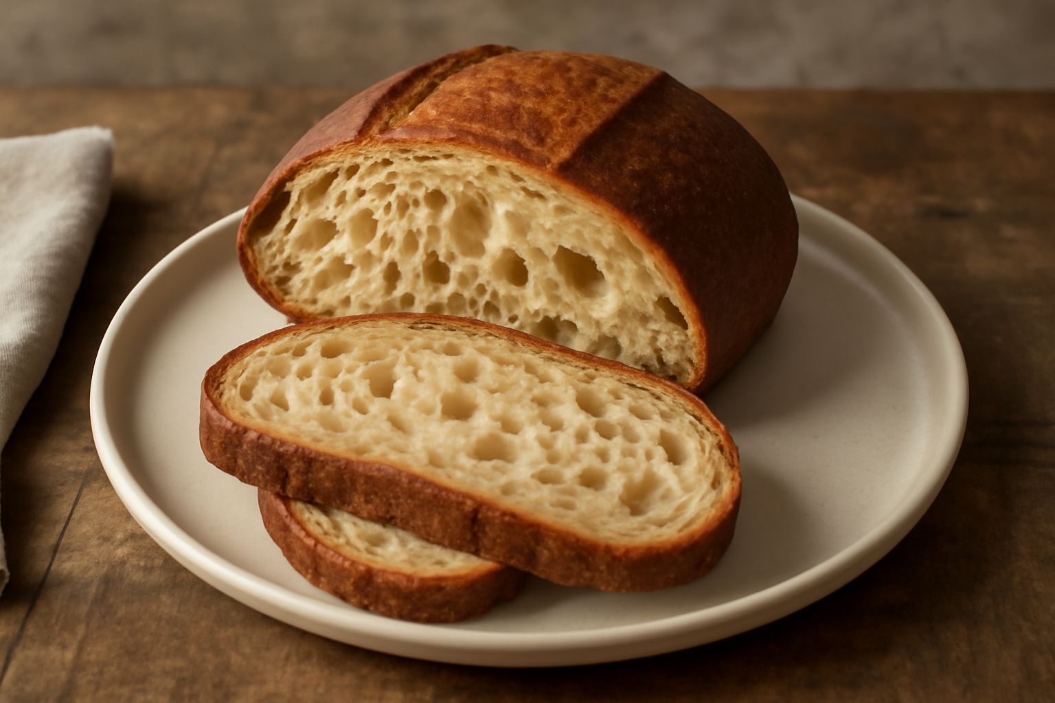 Pane tondo a lievitazione lenta con crosta scura e uniforme, tagliato a fette su un tavolo di legno, mollica giallo chiaro e alveoli regolari visibili al taglio