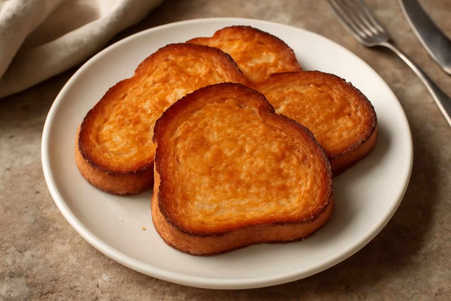 Fette di pane abbrustolito disposte su un tagliere di legno, dal colore dorato uniforme, croccanti in superficie, vapore ancora visibile, nessuna bruciatura scura, piatto minimale su fondo bianco