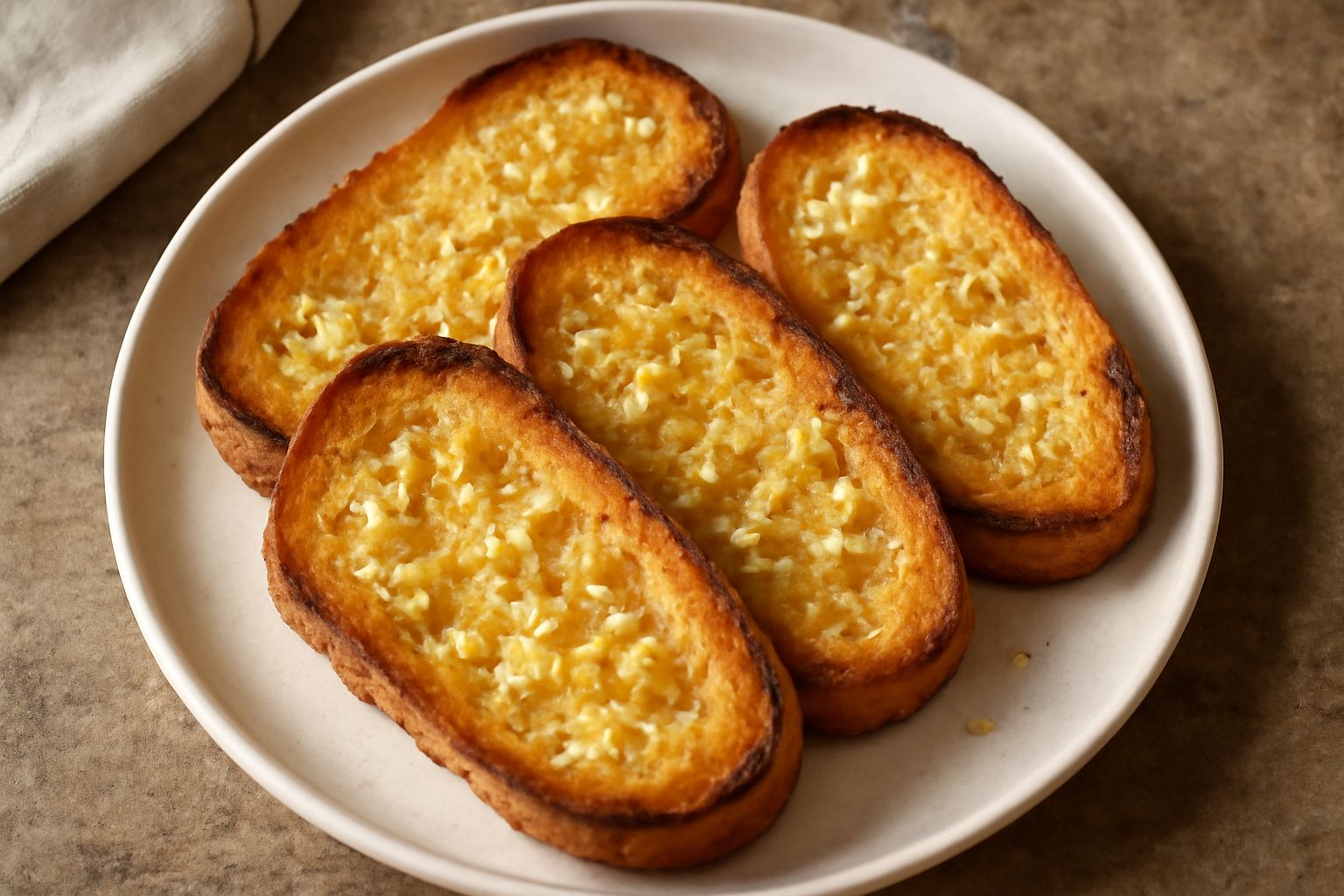 Fette di pane abbrustolite dorate con sfumature marroni, cosparse di aglio tritato e olio dorato, disposte su un piatto bianco con un filo di olio d'oliva e prezzemolo fresco