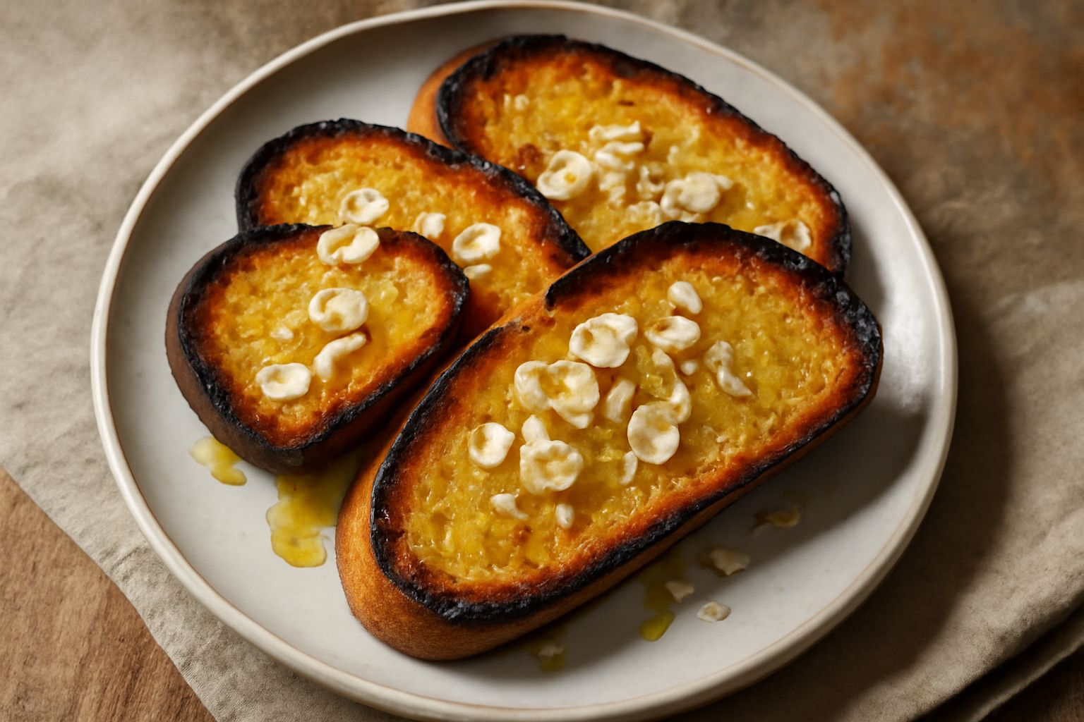 Fette di pane tostato dorate e croccanti ricoperte di olio d'oliva lucido, sparse di aglio minuzzato fresco e sale, poggiate su un piatto bianco con una ciotola di olio extravergine sullo sfondo