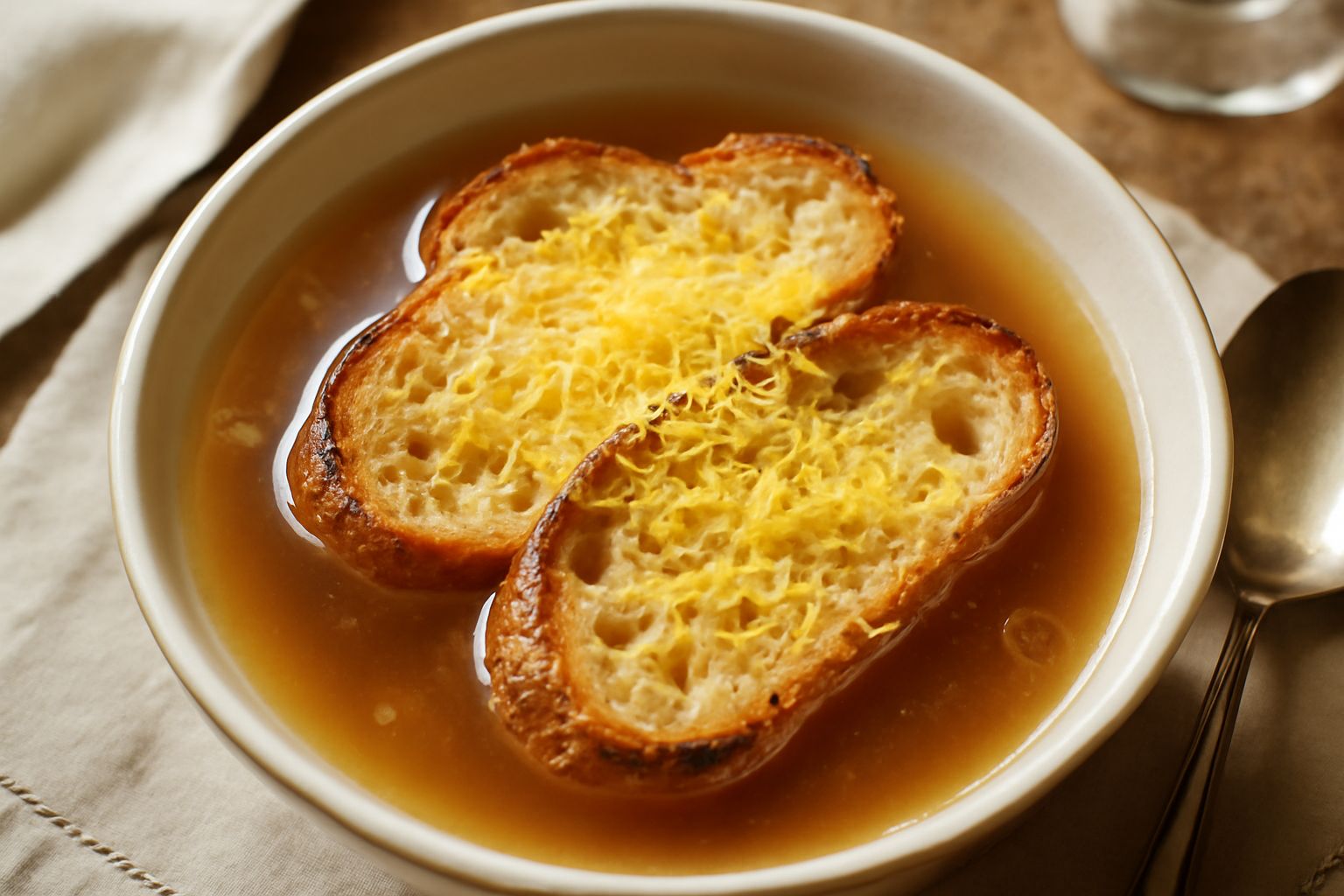 Ciotola di ceramica bianca con pane abbrustolito dorato immerso in brodo trasparente, completato da una spolverata di parmigiano grattugiato e un filo di olio extravergine
