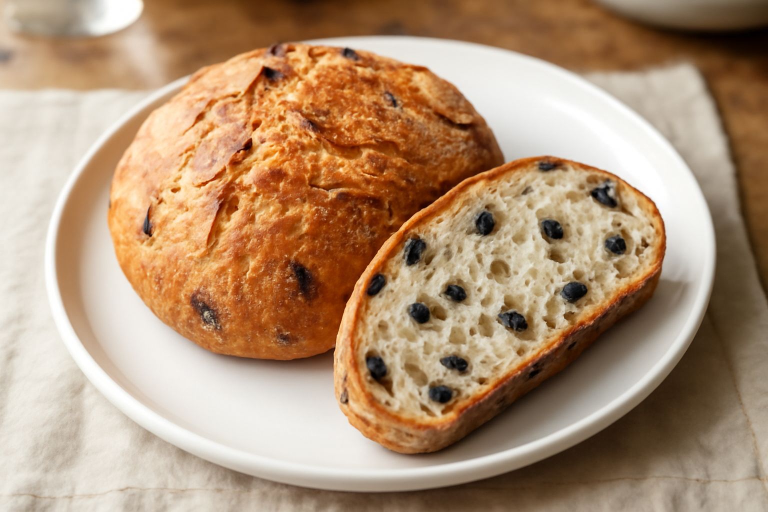 Pane rotondo dorato con screpolature naturali, tagliato a fette, con pezzi di oliva nera visibili nella pasta chiara, servito su un canovaccio bianco