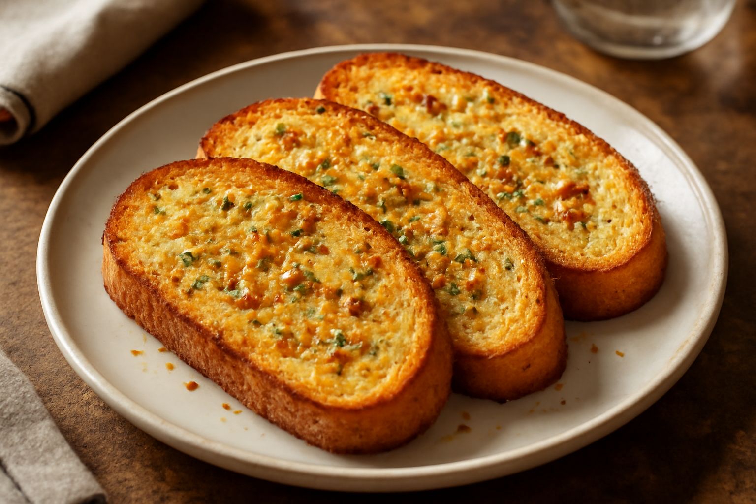 Fette di pane aglio e olio dorate e croccanti su un piatto bianco, con grani di sale marino visibili in superficie e aglio sminuzzato tra le crepe della crosta