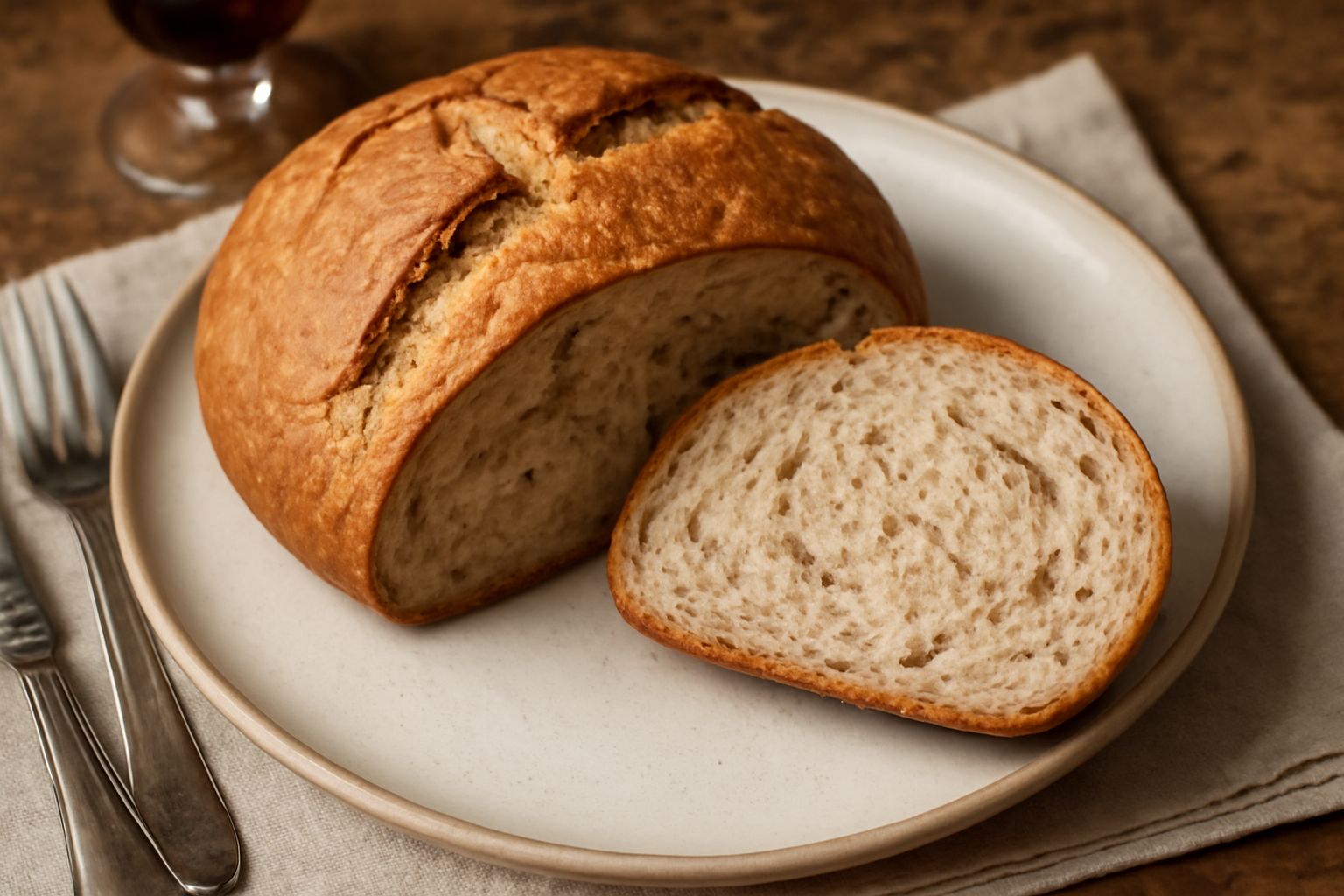 Pane ai castagnacci tagliato a metà su tavolo di legno, con mollica chiara con venature marroni, crosta dorata e irregolare, accompagnato da una manciata di castagne sbucciate