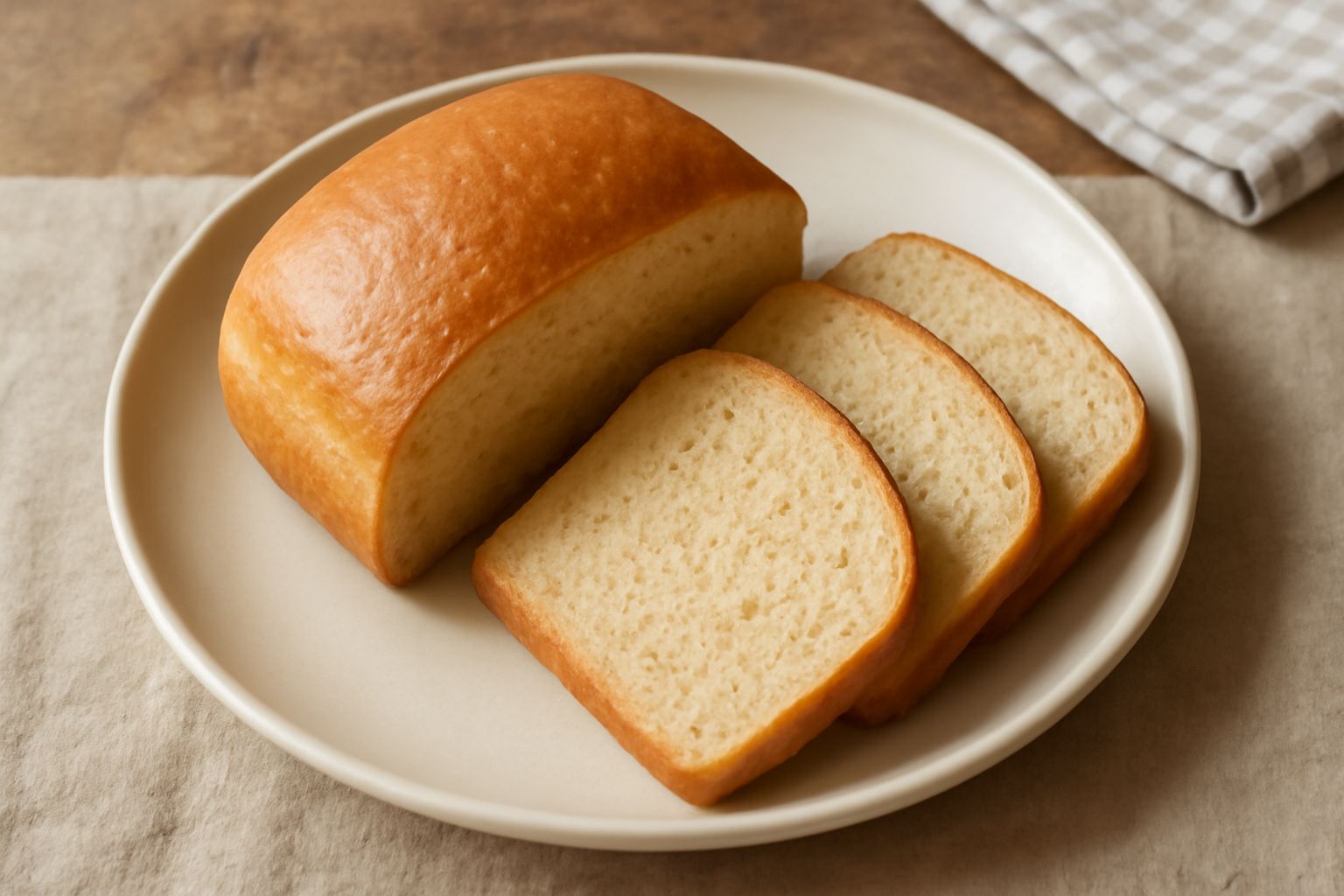 Pagnotta di pane ai ceci intera con crosta dorata e uniforme, tagliata a fette da cui si vede l'interno beige chiaro e soffice con piccoli buchi diffusi, posata su tavolo di legno con spighe di grano