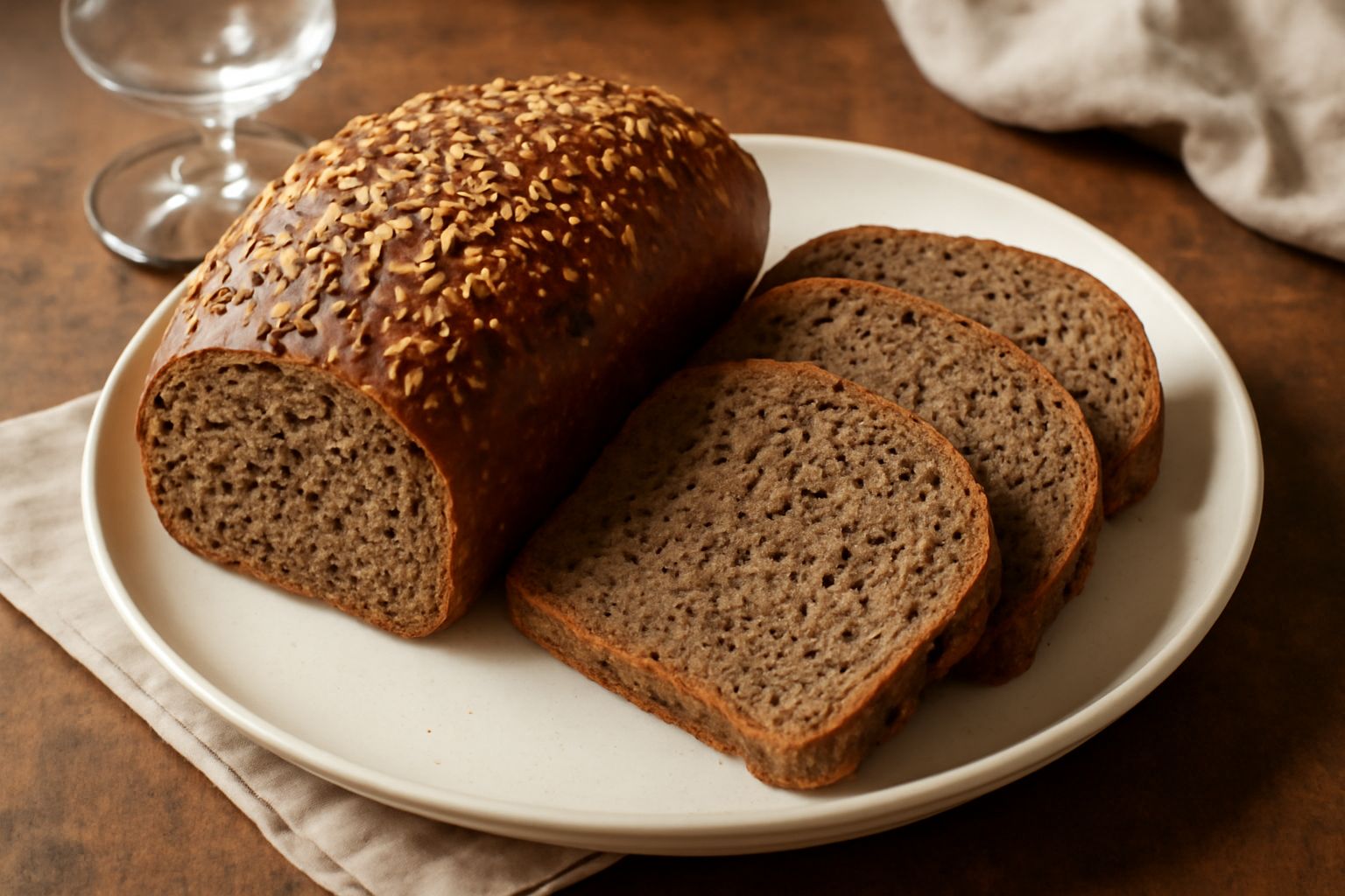 Pane ai cereali tagliato a fette su un tagliere di legno, con crosta marrone dorata, mollica scura e semi visibili, vapore ancora caldo, accanto una spiga di grano