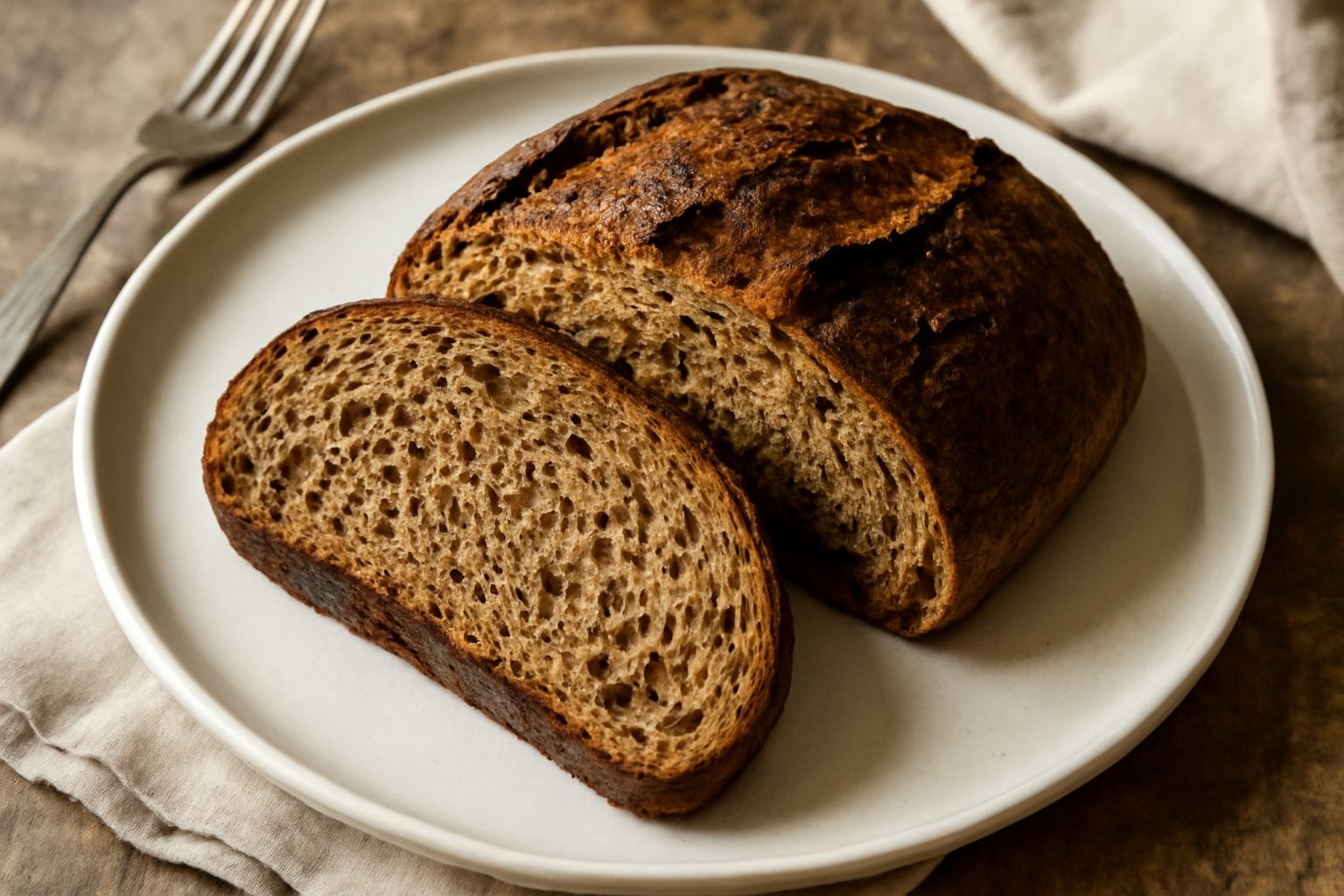 Pane con crosta scura e screpolata, affettato a mostrare la miga marrone chiaro con alveoli irregolari, posato su una tavola di legno accanto a spighe di farro e spelta
