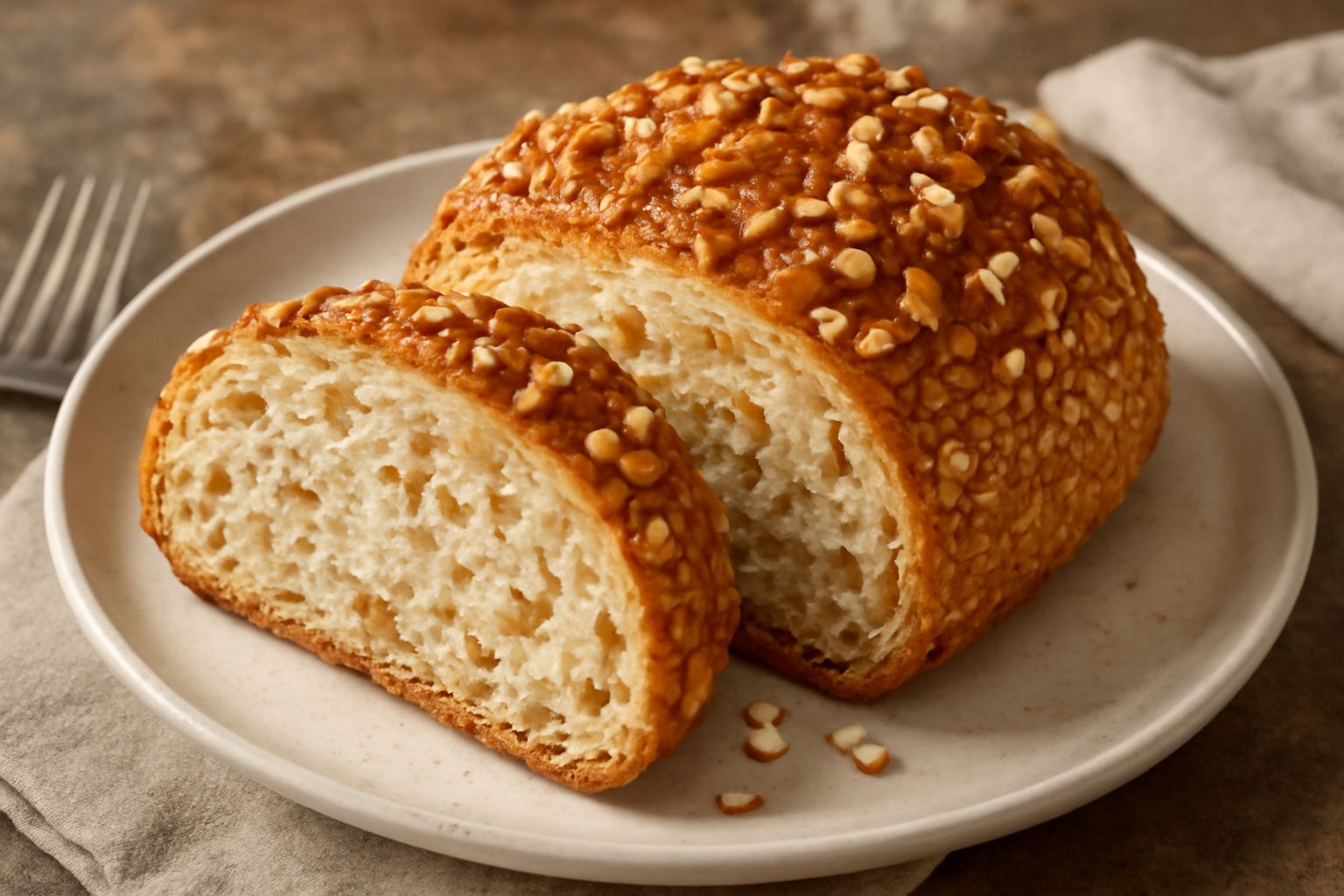 Pane ai cereali soffiati affettato su un tagliere di legno, con crosta dorata e chicchi croccanti visibili nella mollica, accompagnato da spighe di grano