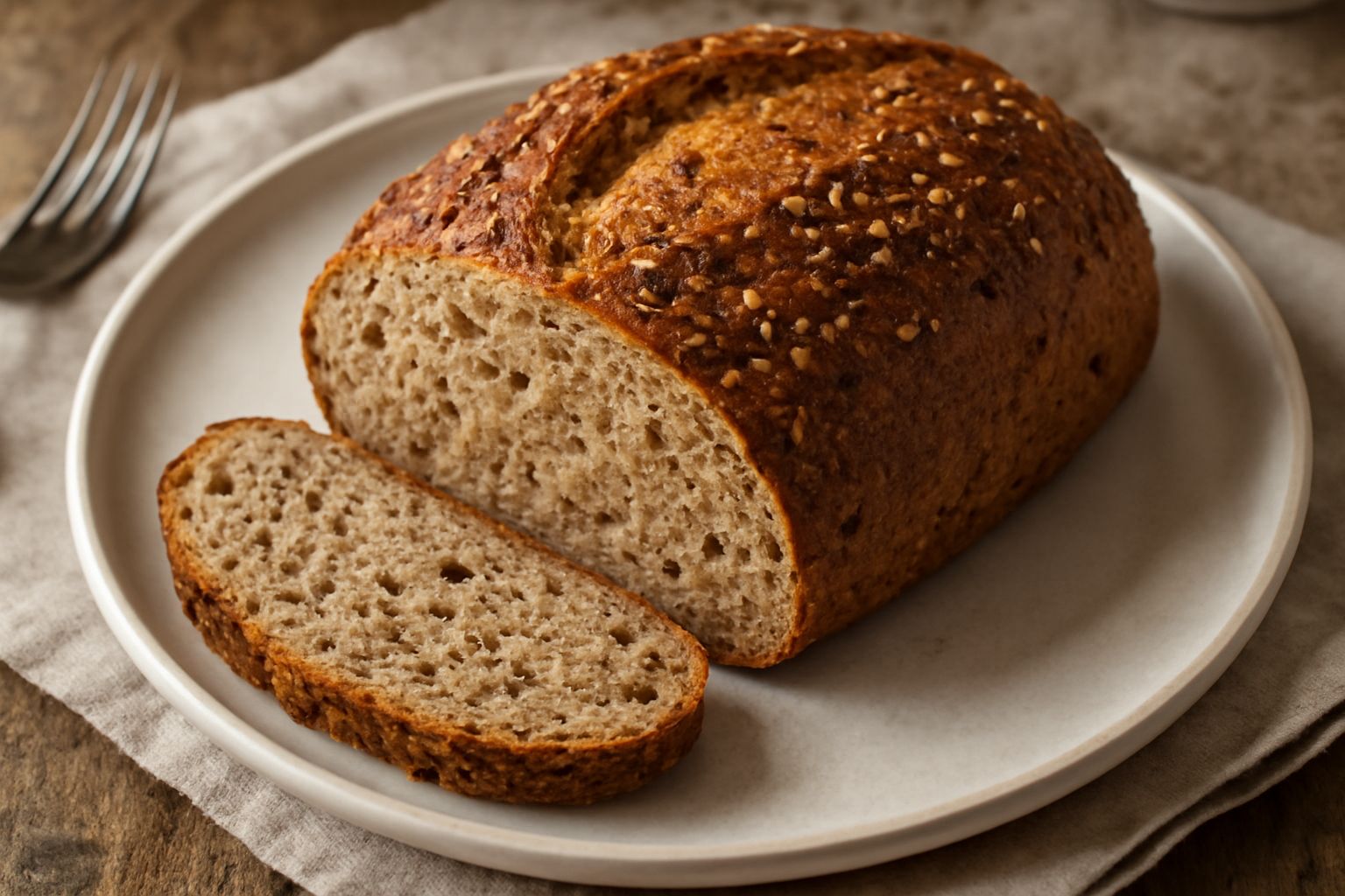 Una pagnotta di pane ai cinque cereali tagliata a metà, dalla crosta marrone scuro con semi visibili, miga compatta e sfumata. Posata su un tagliere di legno accanto a spighe di grano e un piatto bian