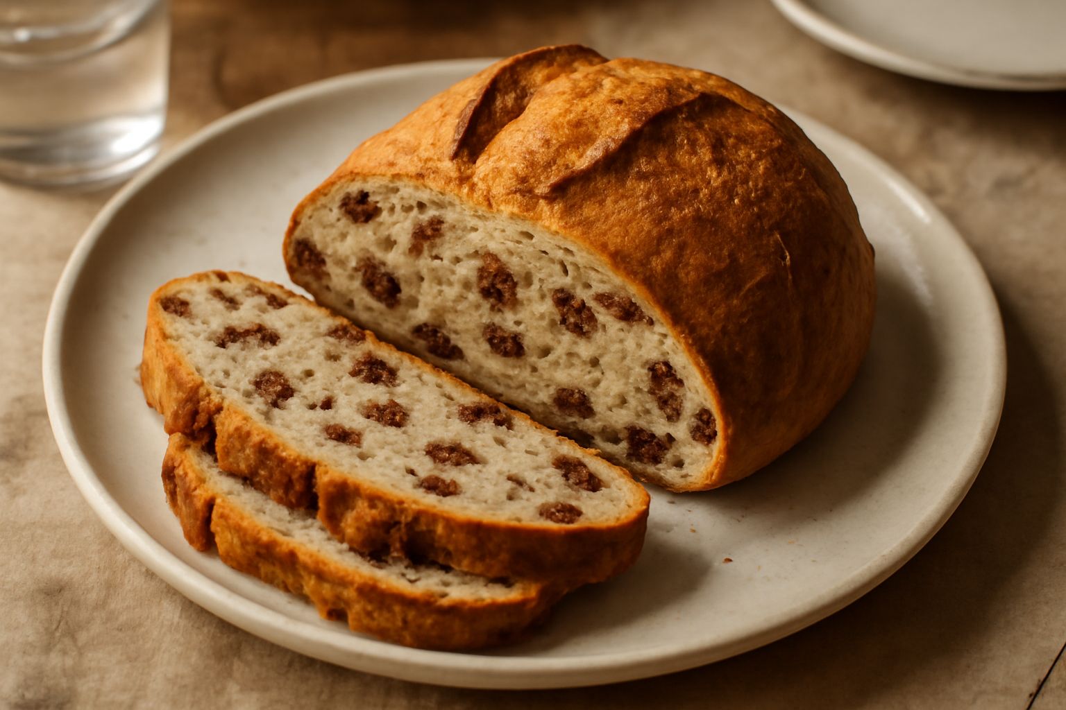 Una pagnotta di pane ai datteri dorato su una tavola di legno, tagliata a fette, con visibili i pezzetti di dattero scuro dentro la mollica chiara. Accanto un piatto bianco con una fetta spalmata di b