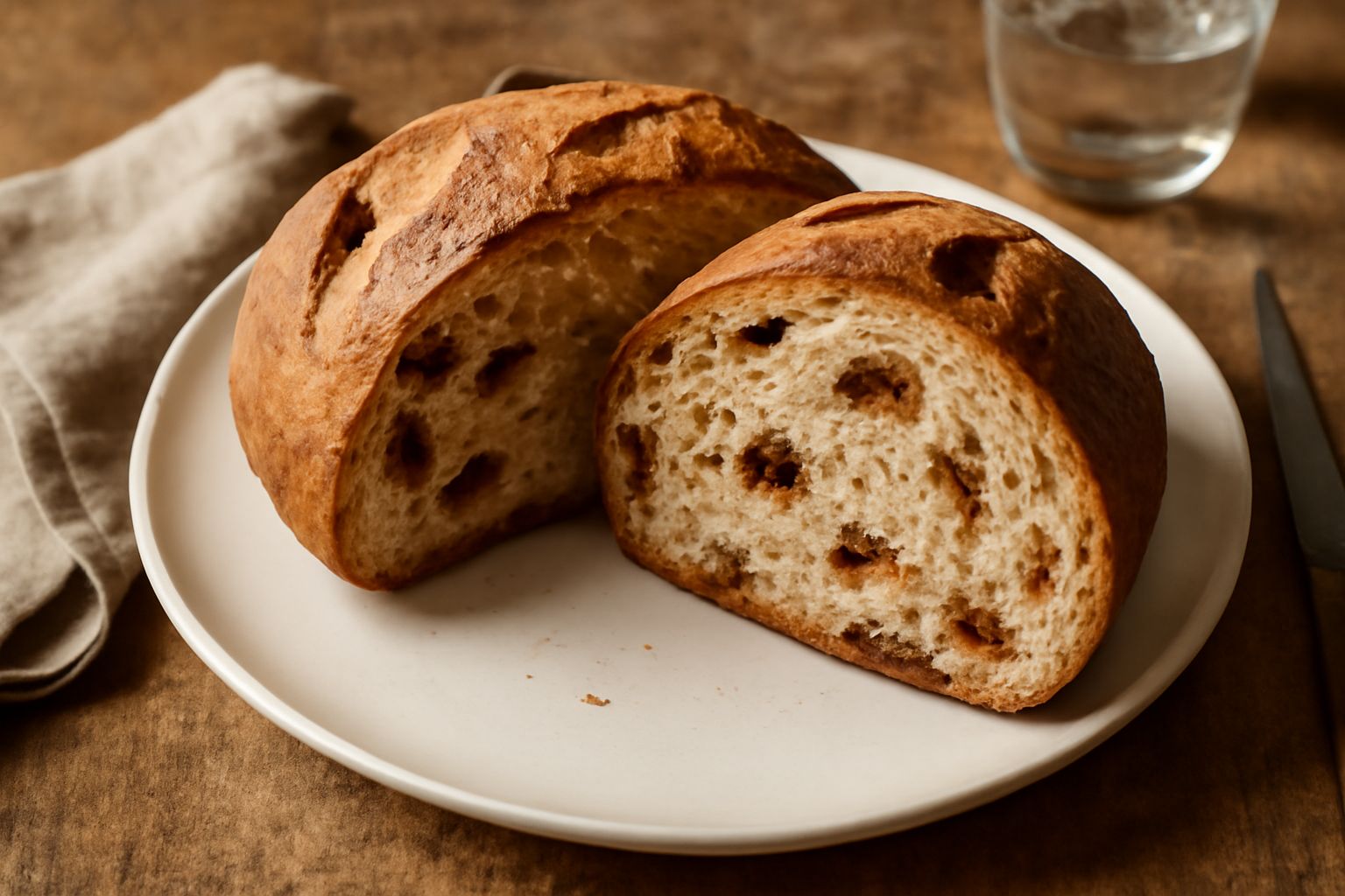 Pane ai fichi affettato, con sezione interna beige chiaro e visibili pezzi di fico scuro, spolvato leggermente di farina di grano, appoggiato su un canovaccio di tela bianca