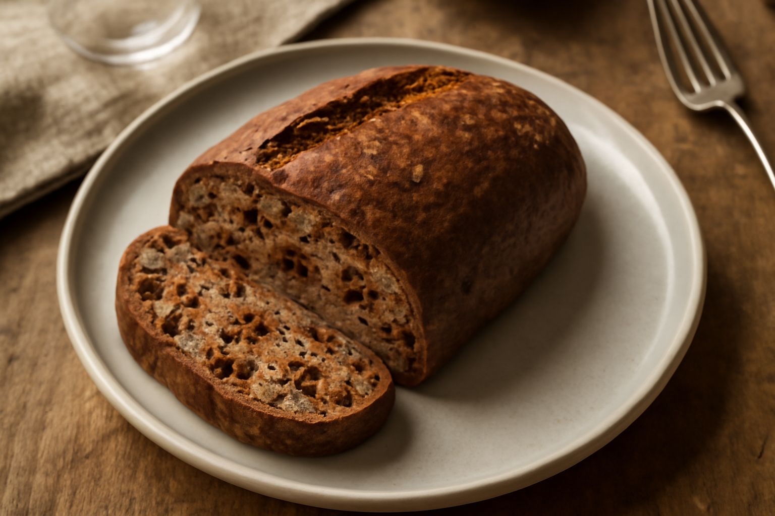 Pane ai fichi piemontese affettato su un tagliere di legno, mostra la mollica scura con pezzi visibili di fico secco e noci, crosta marrone dorata, una tazza di tè caldo sullo sfondo