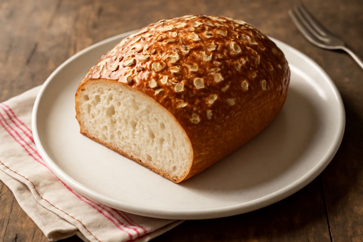 Pane ai fiocchi d'avena tagliato a fette su un tavolo di legno scuro, crosta dorata e croccante, fiocchi d'avena visibili sulla superficie e nei tagli, mollica chiara e alveolata, vapore leggero che s