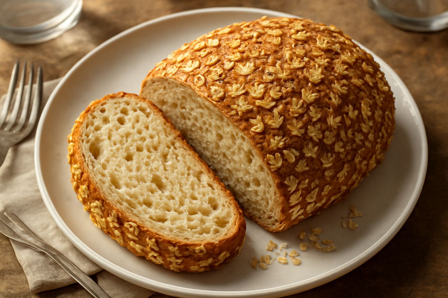 Pane rotondo color bruno dorato con fiocchi di grano visibili sulla crosta croccante, tagliato a fette mostrando l'interno soffice e alveolato, su un piano di legno scuro