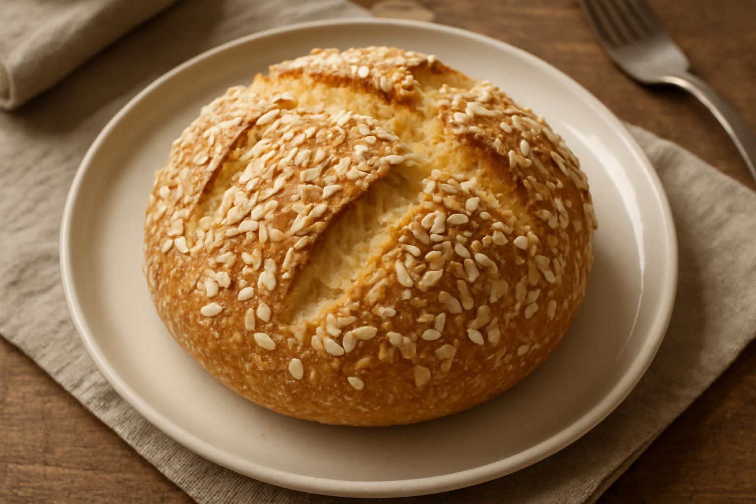Pane integrale chiaro con sfumature dorate, tagli sulla crosta visibili, fiocchi di riso bianchi sparsi in superficie, fette su tavolo di legno chiaro con miga soffice e alveolata