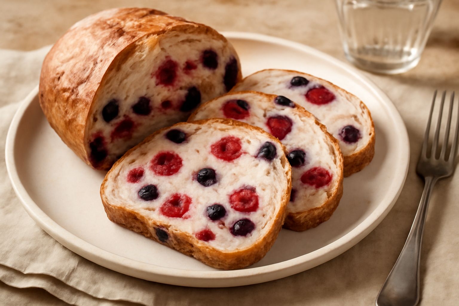 Pane tondo con crosta dorata e screpolature, tagliato a metà, con mirtilli blu e more scure visibili nella mollica bianca e soffice, posato su una tavola di legno