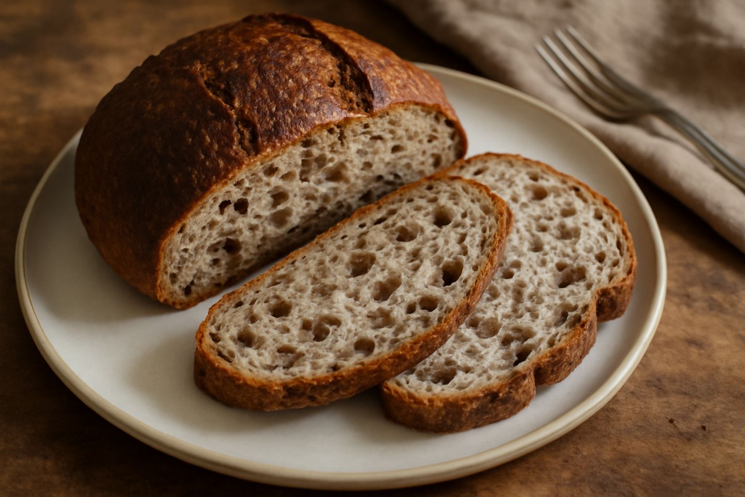 Pane ai funghi, forma rotonda, crosta marrone dorata, tagliato a metà che mostra la mollica grigia screziata di pezzetti scuri di funghi, posato su tavolo di legno con spiga di grano