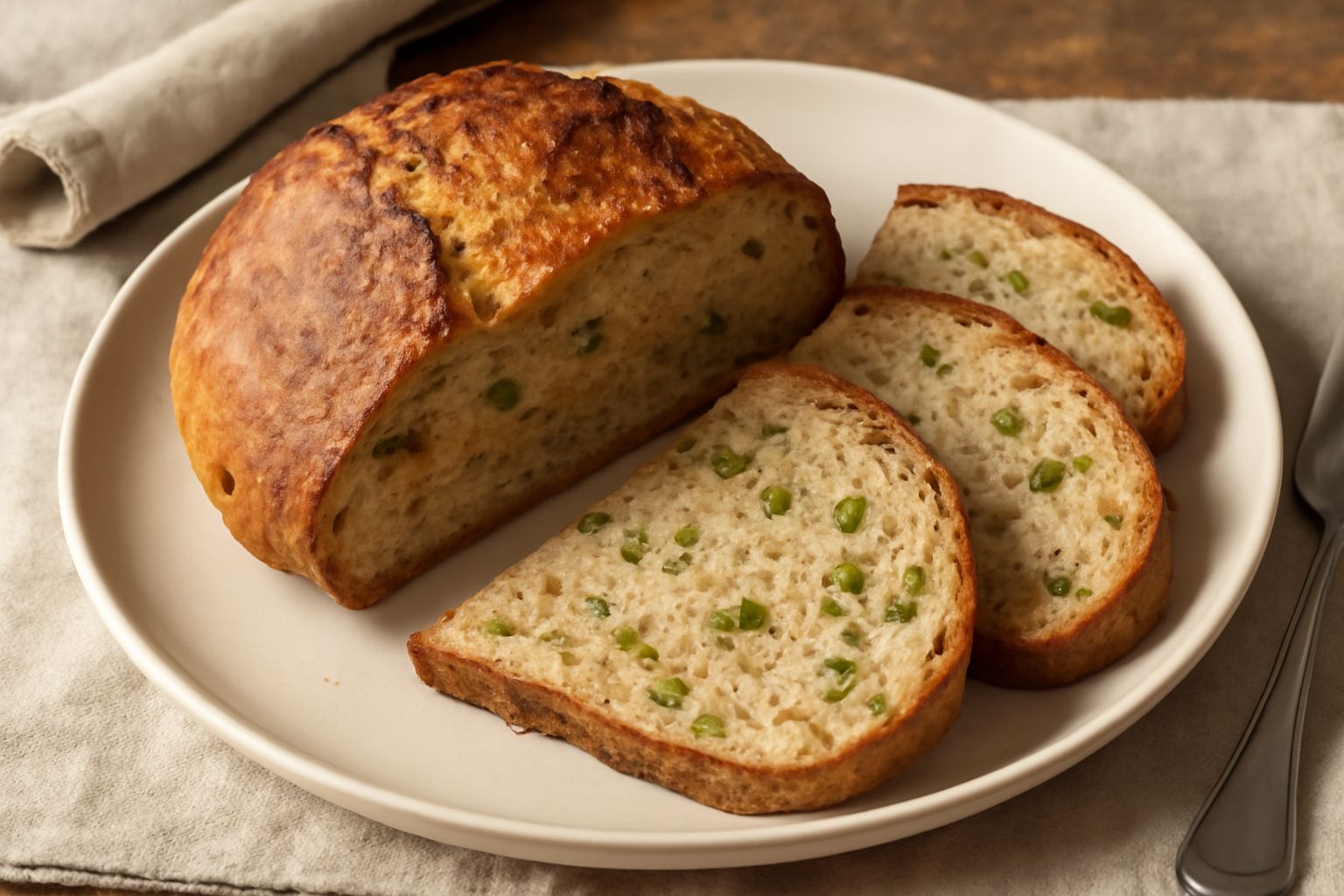 Pane ai germogli appena sfornato, dorato e croccante in superficie, tagliato a fette che mostrano l'impasto morbido con visibili pezzetti di germogli verdi e gialli, appoggiato su una tavola di legno 