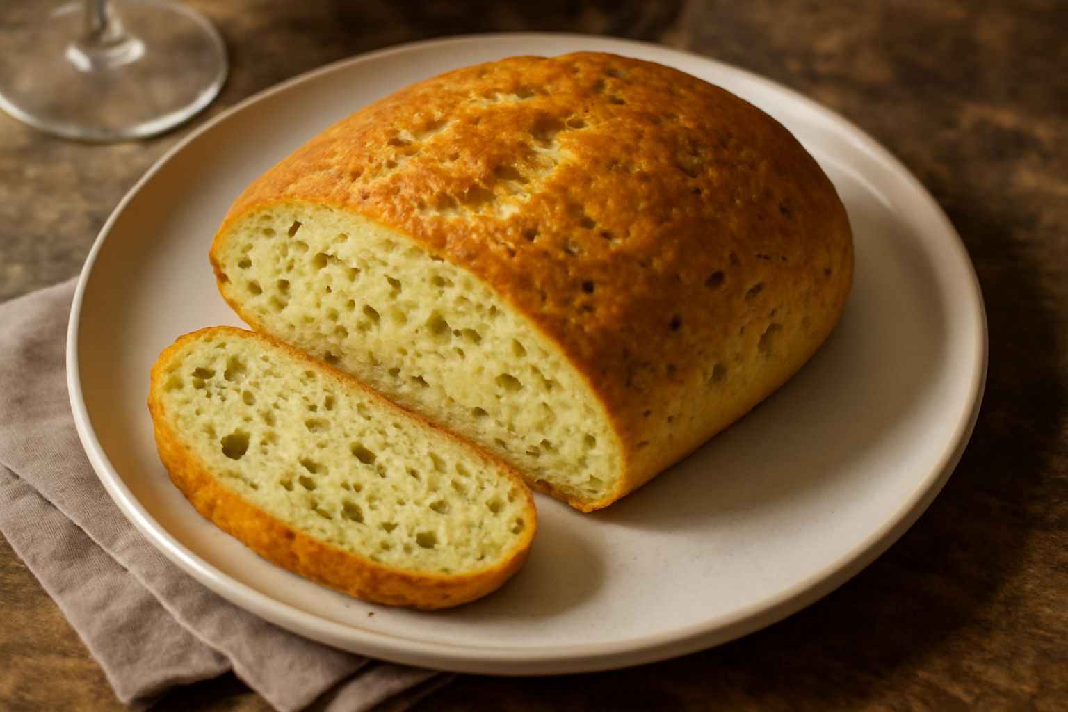 Pane ai germogli di soia appena sfornato, dorato e croccante, tagliato a fette con germogli verdi visibili nella miga, su un tagliere di legno con accanto germogli freschi di soia