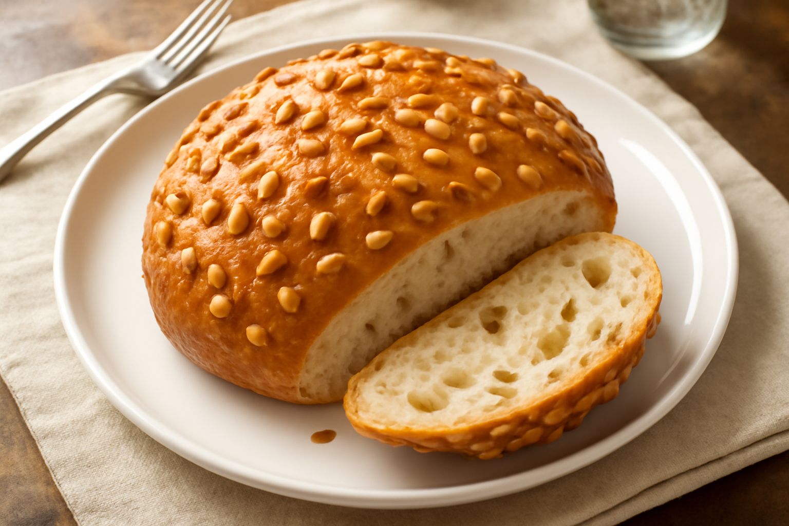 Pane tondo ai pinoli con crosta dorata e pinoli visibili e tostati, tagliato a fette mostrando la mollica morbida e i pinoli distribuiti all'interno, presentato su tavola di legno bianca