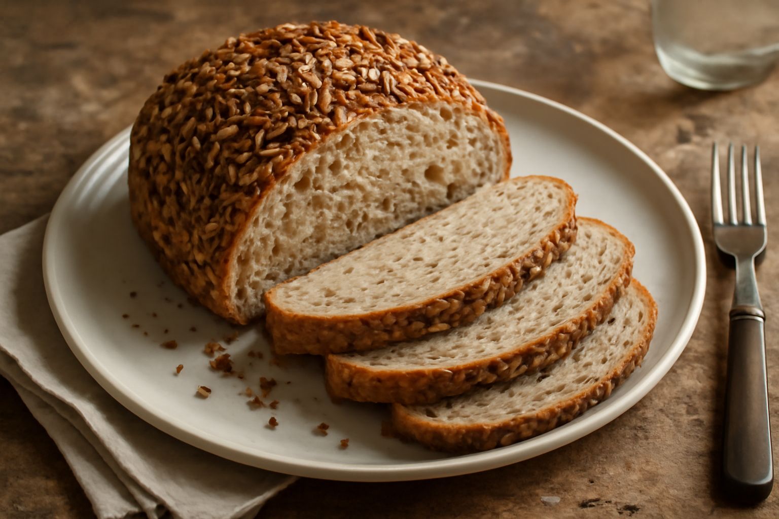Pane ai semi tagliato a fette, con crosta dorata e croccante, semi visibili sulla superficie e dentro la mollica, accanto a un piatto bianco con burro e una tazza di tè fumante