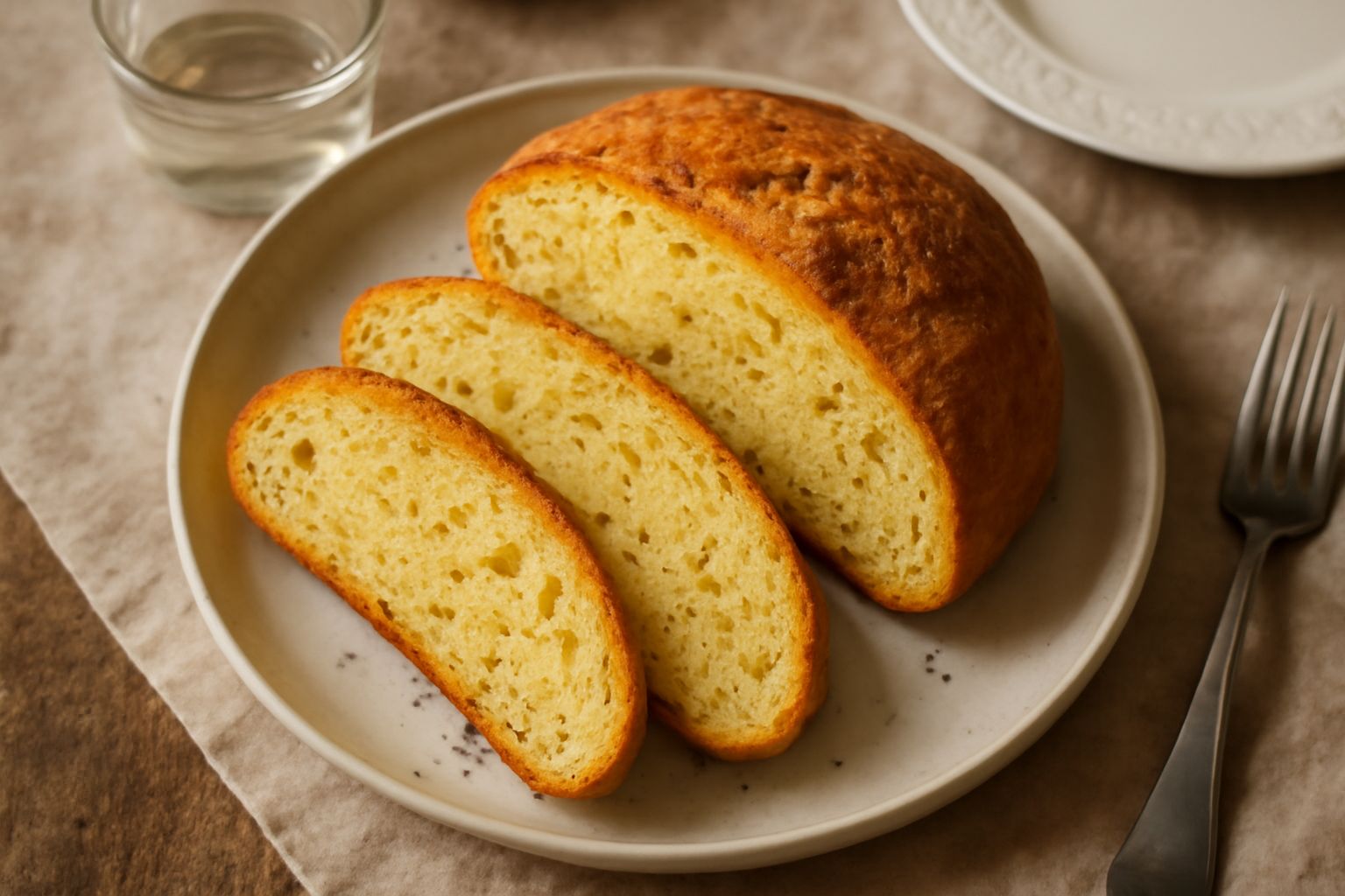 Pane tondo ai semi di anice con crosta dorata e screpolature naturali, tagliato a metà per mostrare l'interno morbido e pallido, con semi di anice visibili sparsi nella pasta, su tavolo di legno con s