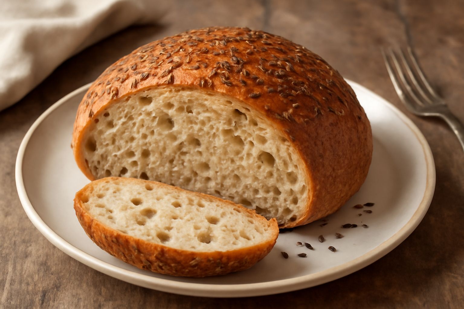 Una pagnotta di pane integrale con crosta marrone dorata e semi di cumino ben visibili sulla superficie, tagliata a fette che mostrano mollica soffice e leggera, su un tavolo di legno