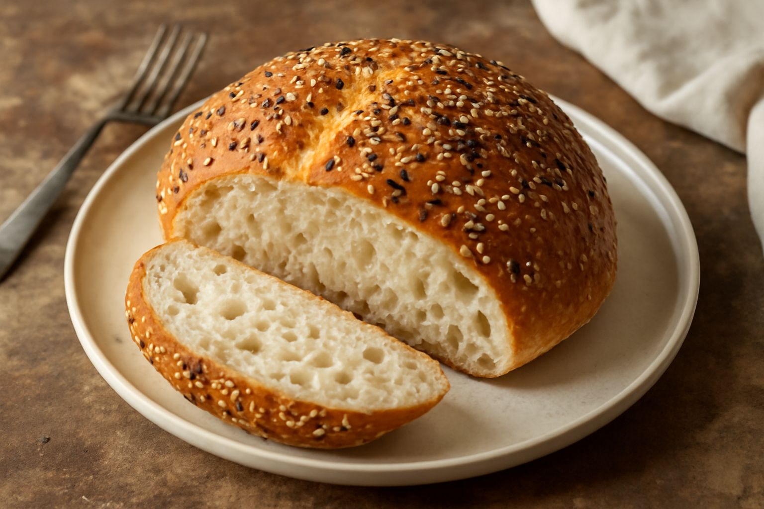 Pane rotondo ai semi di sesamo con crosta dorata, semi bianchi e neri visibili sulla superficie, affettato su un tagliere di legno con una fetta di burro