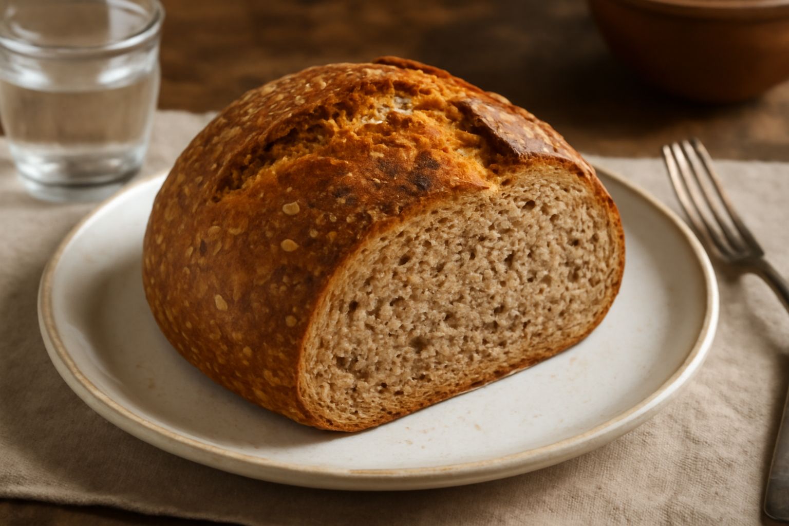 Pane ai sette cereali affettato su tavola di legno, con crosta dorata e screpolature, miga compatta color nocciola con visibili chicchi di cereali e semi interi, accanto spighe di grano e chicchi di s