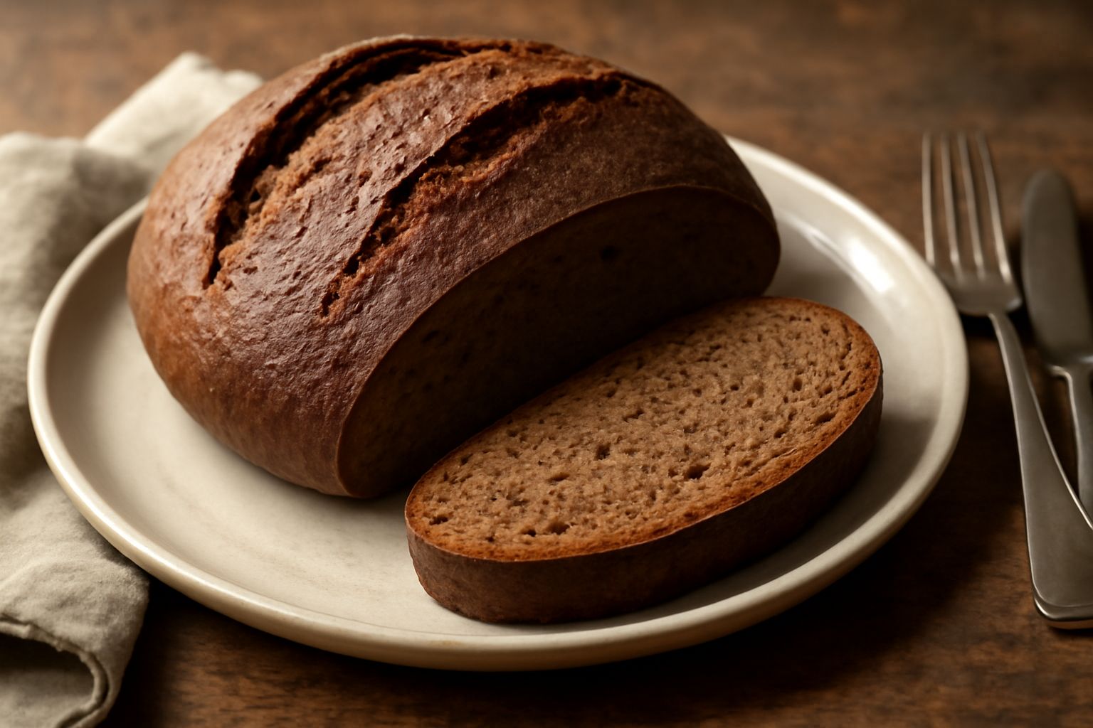 Pagnotta di pane scuro ai tre cereali, tagliata a fette su un tagliere di legno, con crosta dorata e screpolata, miolo denso e uniformemente marrone chiaro, accanto spighe di grano e orzo