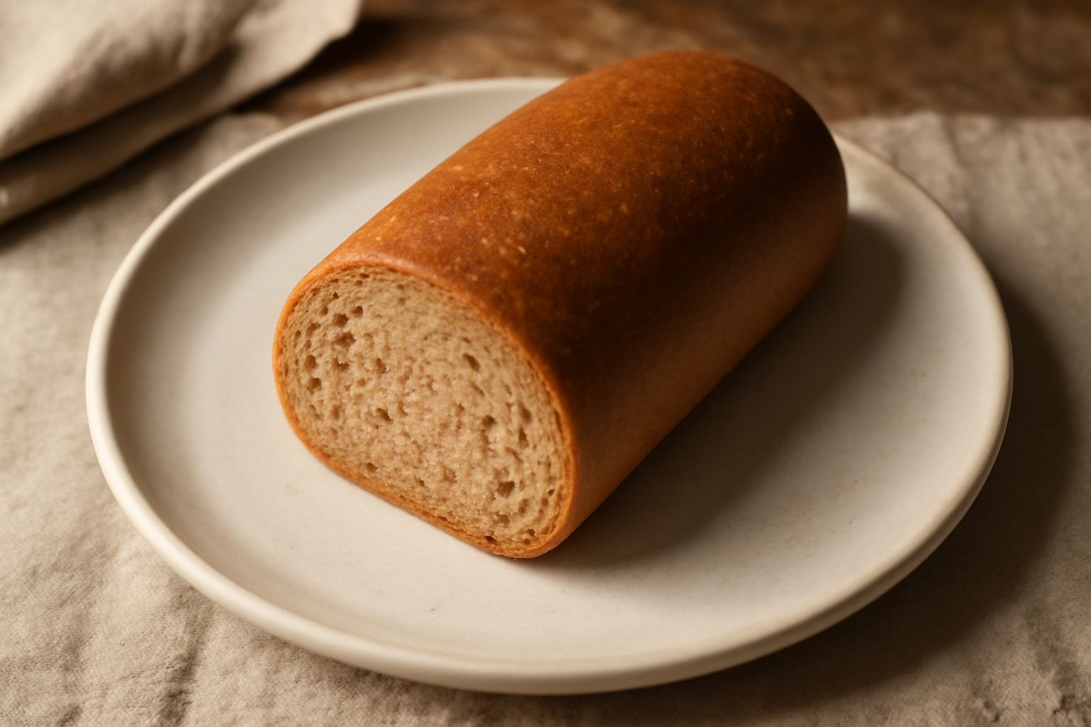 Pane al caffè tondo di colore marrone dorato, tagliato a metà, con mollica regolare beige chiaro e crosta croccante, appoggiato su un tagliere di legno
