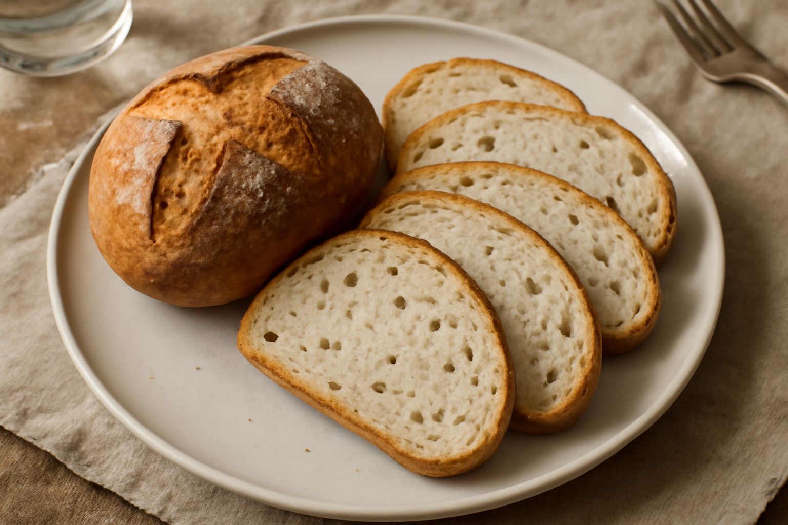 Pane rotondo con crosta dorata e screpolature leggere, affettato a metà, con interno soffice color avorio e minuscoli puntini scuri dei chiodi di garofano distribuiti uniformemente