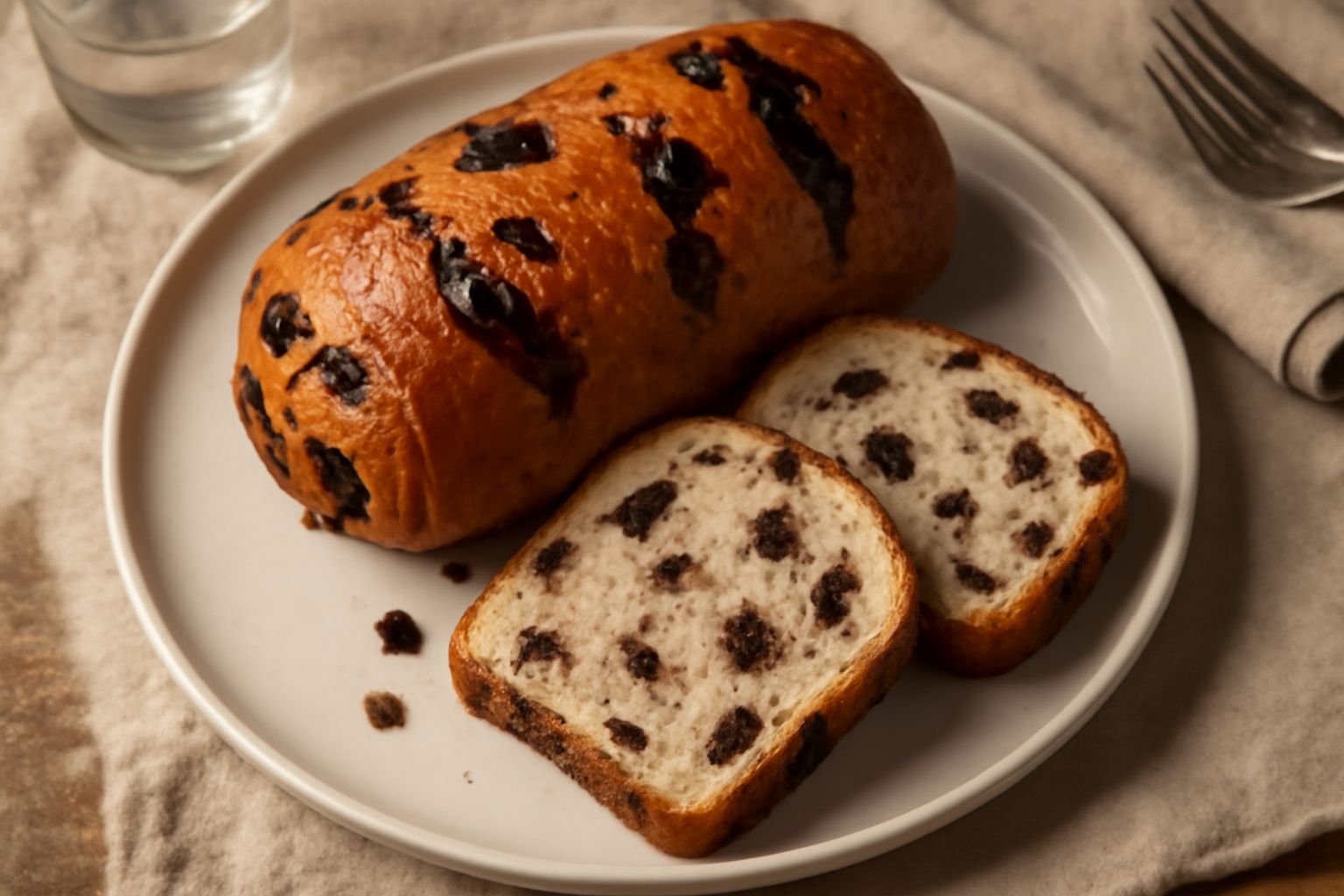 Pane al cioccolato tagliato a fette su un tagliere di legno, con striature scure di cioccolato fondente visibili all'interno, crosta dorata, sfondo di lino bianco
