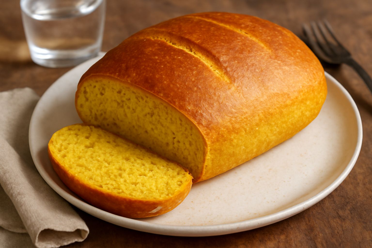 Pane al curry dorato, tagliato a metà, con molla morbida gialla e superficie croccante, posato su un piatto bianco con un piatto di burro accanto