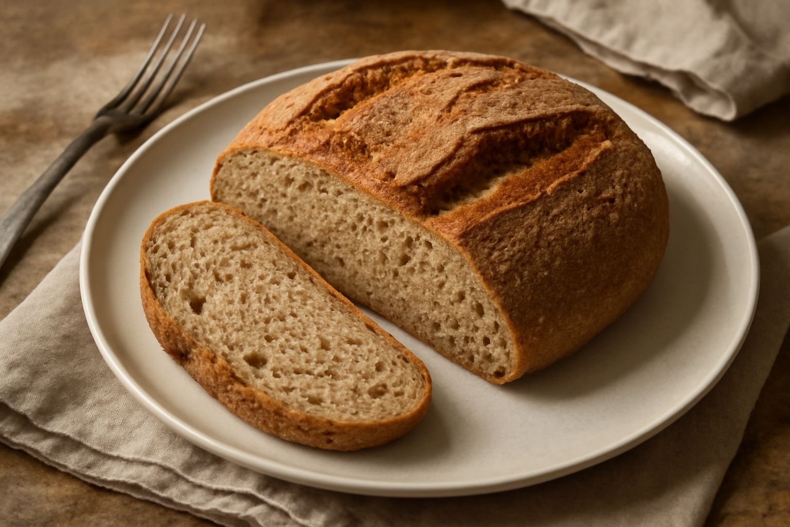 Pane al farro appena sfornato, forma ovale con crosta dorata e screpolature naturali, tagliato a metà per mostrare la mollica beige e porosa, poggiato su una tavola di legno con spighe di farro accant