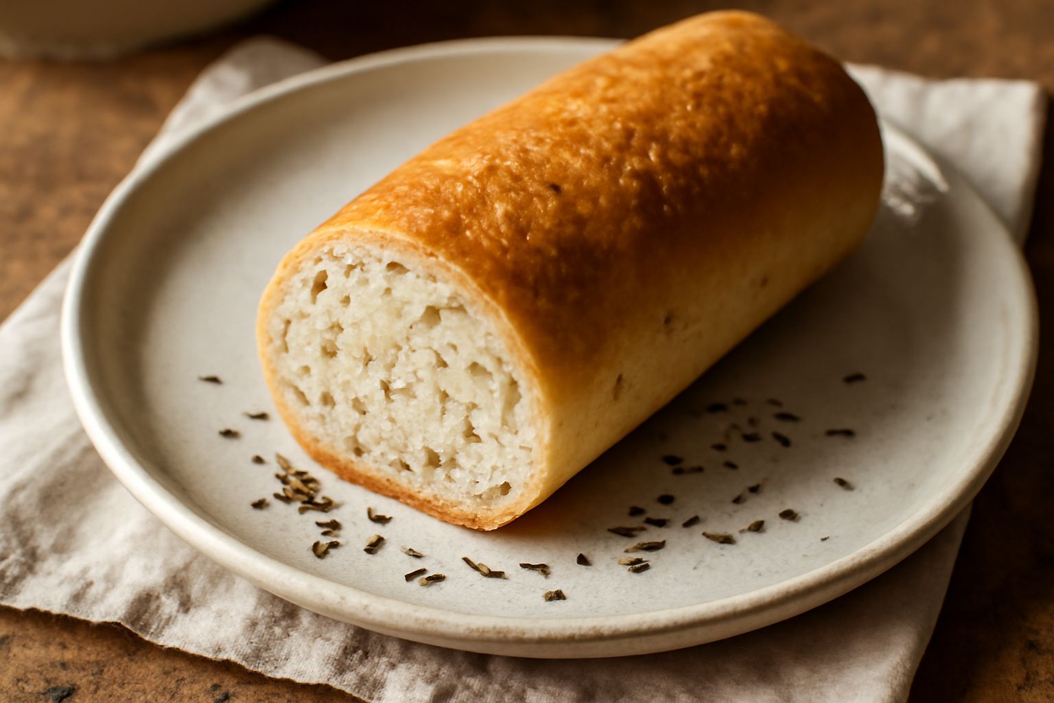 Pane al finocchio tagliato a fette su tavolo di legno, crosta dorata e leggermente screpolata, semi di finocchio visibili in superficie e nella mollica, accanto un piatto bianco e un coltello da pane