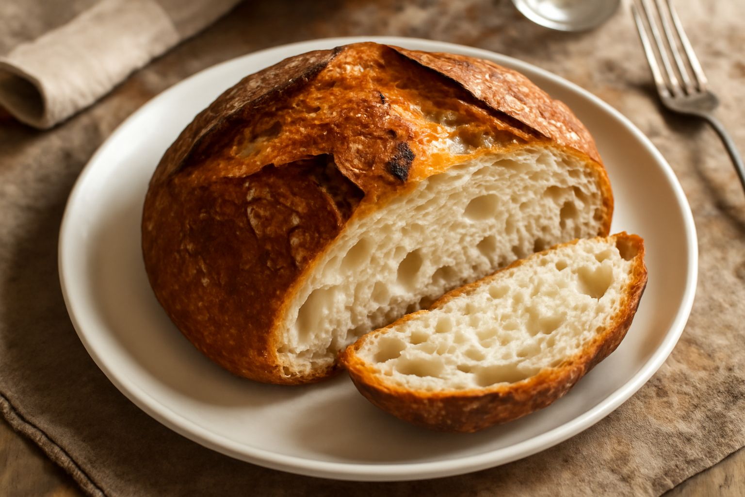 Pane tondo appena sfornato con crosta dorata uniforme e leggermente screpolata, poggiato su un tavolo di legno rustico con farina sparsa intorno