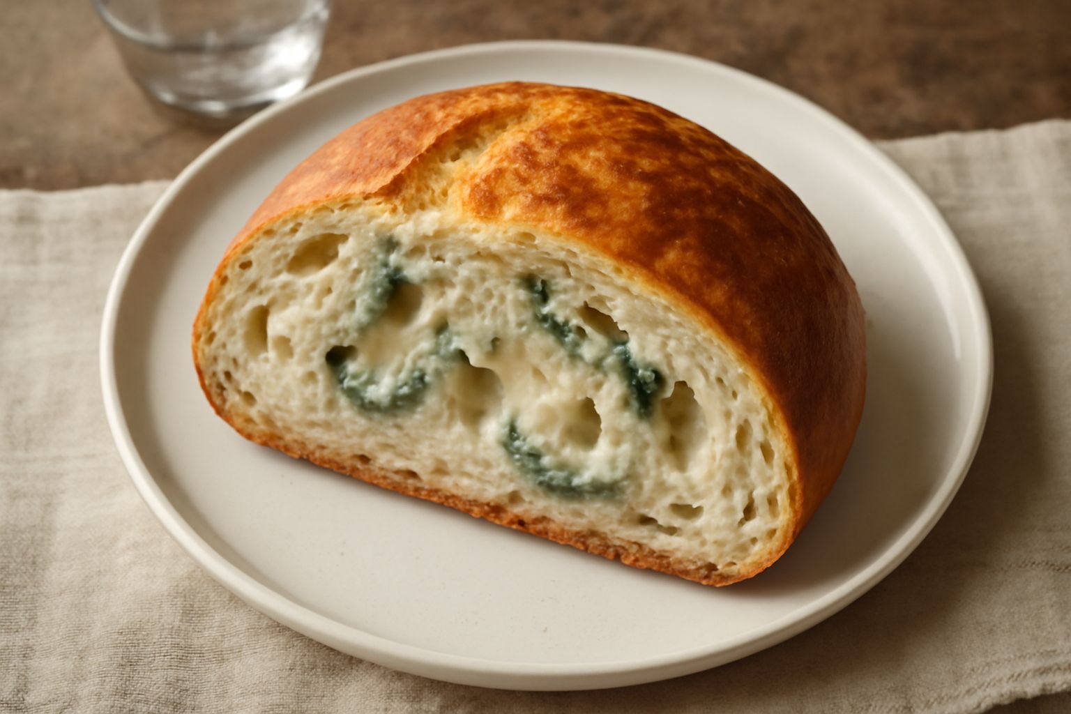 Pane al gorgonzola tagliato a fette su un tagliere di legno, con mollica gialla crema e venature blu del formaggio visibili, crosta marrone dorata, accanto a un coltello da pane