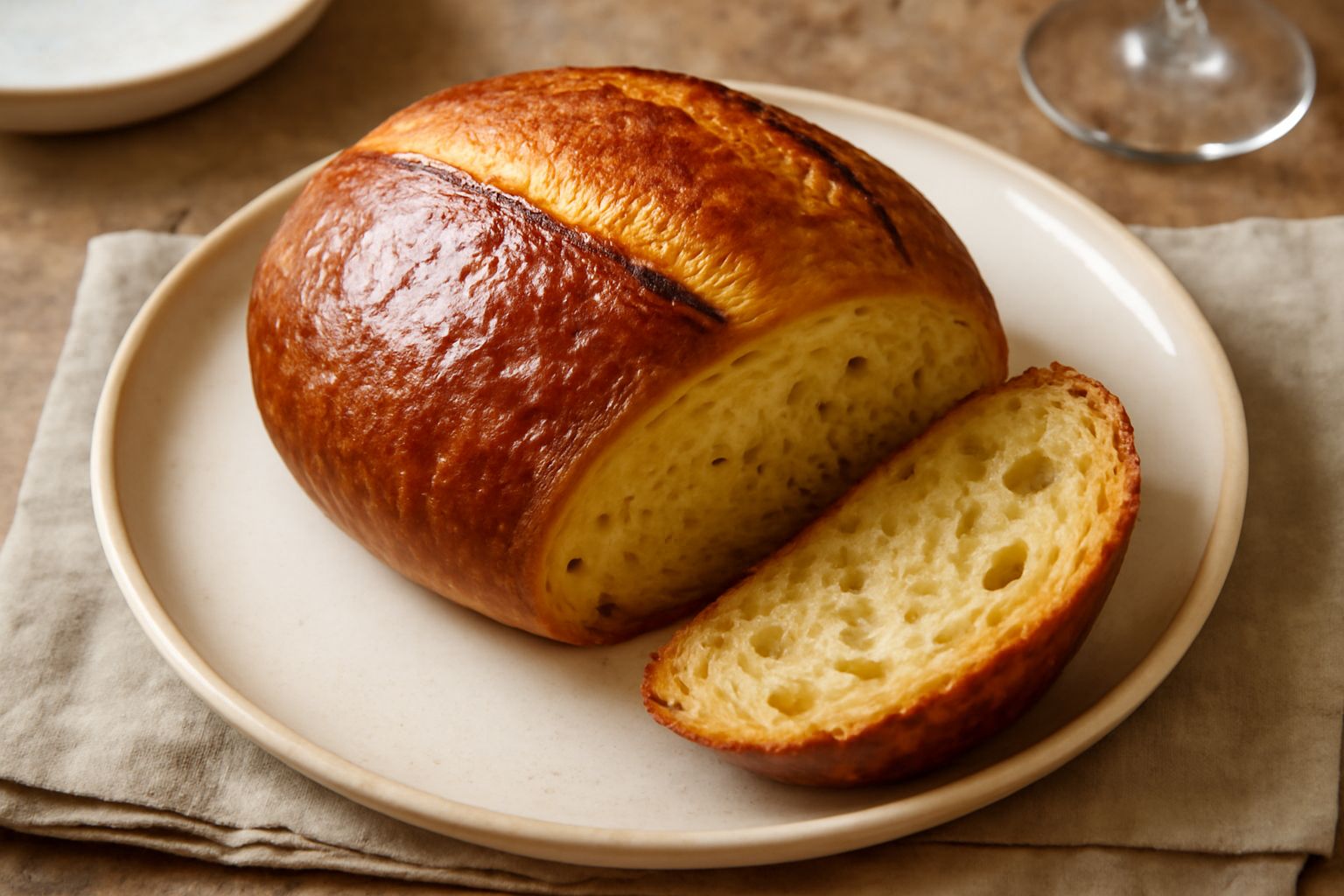 Pane al kamut a fette, crosta dorata, mollica gialla e soffice, tagliato trasversalmente su tavolo di legno con chicchi di kamut sparsi accanto
